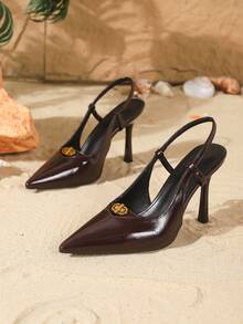 女士高跟鞋，新款尖头PU材质，可调节金属扣踝带，9厘米优雅细高跟镂空金属扣棕色高跟鞋，适合日常穿着、派对、情人节等场合，休闲百搭。 - 棕色 - 查看 4