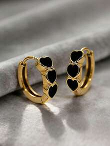 1pc Fashionable Stainless Steel Heart Shaped Oil Drop Small Hoop Earrings, Minimalist & Versatile, Sweet Earring Studs Suitable For Women's Daily Wear - Heart Earrings - View 3