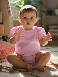 Newborn Baby Girl Summer Clothes Doll Collar Short Sleeve Romper Basic Plain Smocked Bodysuit Shirts 0-18M - Hồng - Xem 6