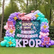 118件K-Pop音樂主題氣球拱門套裝，包含吉他、音符箔氣球，紫色、綠色、粉色乳膠氣球，適用於K-Pop主題音樂活動、畢業舞會、搖滾主題、嘻哈流行卡拉OK派對裝飾、夏季派對 - 彩色 - 查看 3