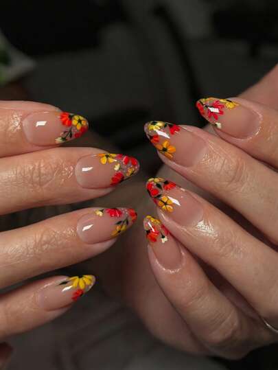 Y2K Floral Acrylic Nails 24Pcs Medium Almond Press On Tips, DIY Art Colorful Flower Fake Nail Set, Suitable For Nail Salons, Girls & Women's Daily Manicure Supplies, Holiday Parties & Gifts