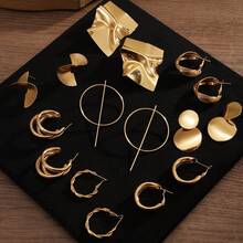 10pcs/Set Minimalist Metal Geometric Earring Combo, Mixed Earring Set, Suitable For Women, Jewelry Gift, Daily Matching - Gold - View 3