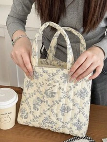 復古花卉絎縫棉質托特包，甜美風迷你手提包，輕量加厚午餐與化妝收納包，可愛印花日常、工作與旅行多功能手提包 - 彩色 - 查看 17