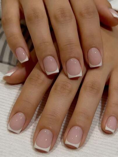 24pcs Medium Square Nail Stickers Set, Instantly Upgrade Your Manicure. Minimalist White Framed, French Full Coverage Design, Includes 1 Adhesive Sticker Sheet And 1 Mini Nail File, Suitable For Women And Girls Daily Wear, Ideal For Office Manicure Nails Nail Supplies