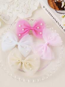 Conjunto de 4 Presilhas de Cabelo com Laço de Malha e Pérolas, Acessórios de Cabelo Delicados para Meninas e Princesas - Multicolorido - Ver 6