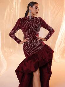 Asymmetrical Hem Sequin Embellished Stand Collar Dress, Suitable For Formal Occasions And Parties, All Seasons Spring Wedding Party - Burgundy - View 3