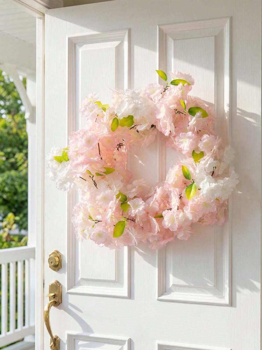 1pc Artificial Sakura Flower Wreath, Suitable For Spring Decor, Door/Window Hanging, Bedroom, Dining Room, Party, Wedding, Valentine's Day Gift - Multicolor - View 1