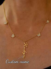Customized White Zirconia Crown Name Necklace, Stainless Steel Plated Letter Pendant Necklace, Suitable As Gift For Women And Girls - Butterfly Necklace - View 7