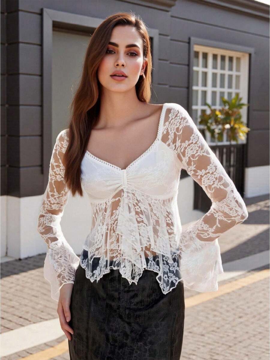 Women's White Bow Shirt - trắng - Xem 1
