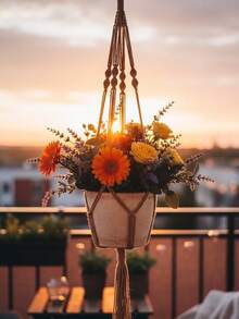 1个 - 手工编织植物吊篮，室内外皆可使用，黄麻棕色绳子和珠子编织而成，多层设计，适合室内悬挂装饰，波西米亚风格家居花园装饰，阳台、露台、花园、门廊装饰 - 棕色 - 查看 4