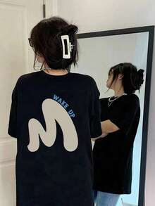 Women's Round Neck Loose Casual Letter & Line Print Short Sleeve T-Shirt, Spring/Summer - Black - View 1