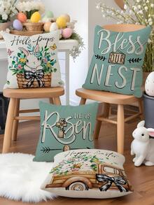 4pcs Easter Spring Pillow Cover, Colorful Eggs Rabbit Flower Print Polyester Pillow Sham, Home Decor For Bedroom, Sofa, Holiday Gift (Pillow Insert Not Included) - Multicolor - View 4