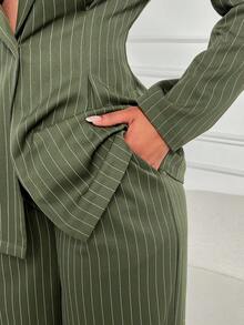 AIJ Amarilo Women's Autumn/Winter Lapel Padded Shoulder Striped Jacket And Wide Leg Pants With Pockets Suit 2 Pieces Set, Army Green, Suitable For Office Business Formal, Commute, Daily, Holiday Matching Set - Green - View 6