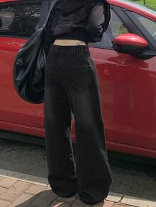 Quần jeans nữ dáng rộng, ống rộng, có túi, màu đen, kiểu dáng thường ngày. - màu đen - Xem 9