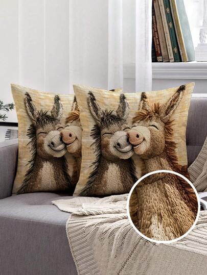 1/2pcs Cute Donkey Embroidery Style Decorative Pillow Case, Zipper Closure, Sofa Decor, Gaming/Car Lumbar Pillow, Camping Cushion, Hidden Zipper, Machine Washable, Holiday Gift, No Pillow Insert