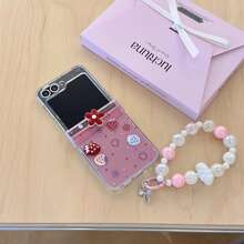 3D Strawberry Flower Folding Phone Case With Chain, Suitable For Samsung Galaxy Z Flip3 5G/Galaxy Z Flip 4 5G/Galaxy Z Flip 5 5G/Galaxy Z Flip 6 5G/Galaxy Z Flip 7 5G, Girly Folding Screen Protective Cover - Multicolor - View 2
