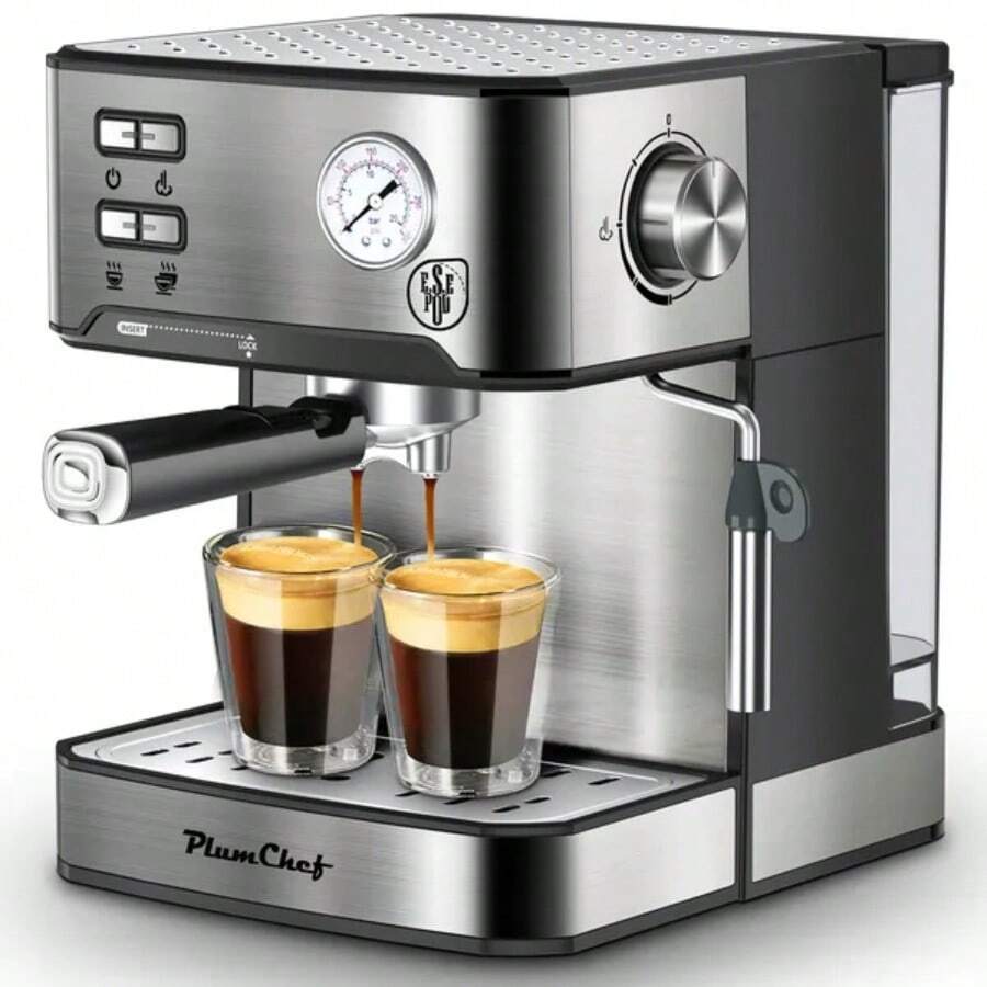 PlumChef Espresso Machine 20 Bar Professional Compact Household Coffee Espresso Maker With Milk Frother Steam Wand Pressure Gauge 54oz Water Tank Low Noise And Fast Coffee Machine For Cappuccino Latte