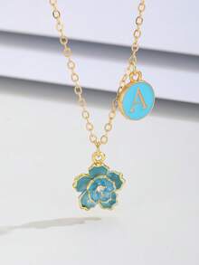 1pc Sweet Fashion Five-Leaf Flower & Initial Letter Double-Pendant Necklace For Kids Girls Family Friends New Year Jewelry Accessory Gift For Daily Decoration - Blue - View 2