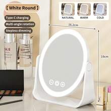 Espejo de maquillaje LED portátil, modo de atenuación con control táctil, soporte giratorio 360°, instalación reversible, puerto de carga Tipo C, conveniente para viajes y uso en el escritorio, sistema de iluminación ajustable de 3 colores, espejo antirreflejo - Multicolor - Ver 13