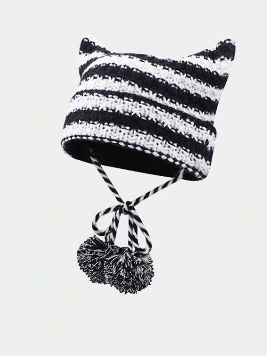 1pc Cute Black & White Striped Cat Ear Knit Beanie Hat, Warm For Women In Autumn/Winter, Y2K Style - Multicolor - View 1