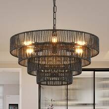 Black Woven Rattan Chandelier - Layered Circular Boho Tropical Chandelier, Adjustable Height For Dining Room & Living Room - 20 Inch - View 1