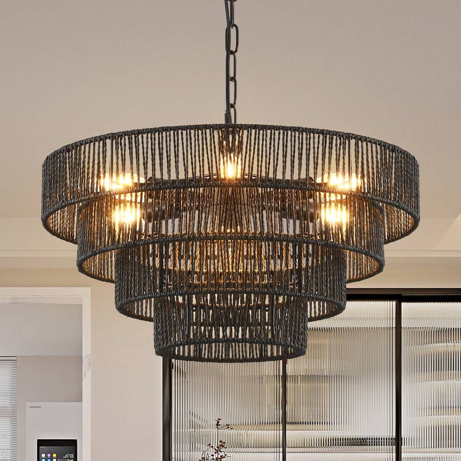 Black Woven Rattan Chandelier - Layered Circular Boho Tropical Chandelier, Adjustable Height For Dining Room & Living Room - 20 Inch - View 1