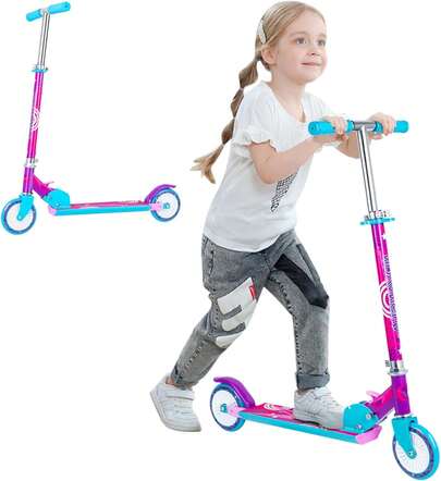 Scooter Para NiñOs, 2 Llantas Plegables, Ligero Y Con Manubrio De Altura Adjustable, 4 Niveles Ajustables,50 Kg Para NiñOs De 3 A 10 AñOs, Freno Tresero, Llantas De 120 Mm En PVC (Rosa)
