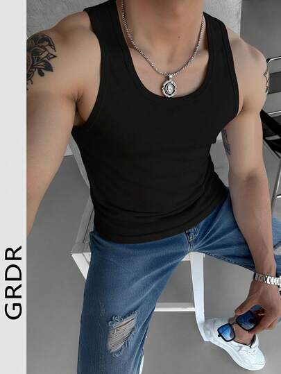 GRDR Men's Summer Sleeveless Slim Fit Tank Top, Fashionable Minimalist Solid Color Vest, Versatile For Sports & Casual Wear