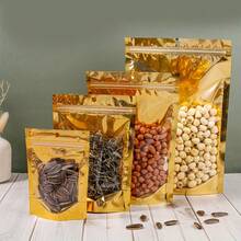 100个金色铝箔自封袋，带挂孔和缺口，可重复使用食品储存袋 - 金色 - 查看 2
