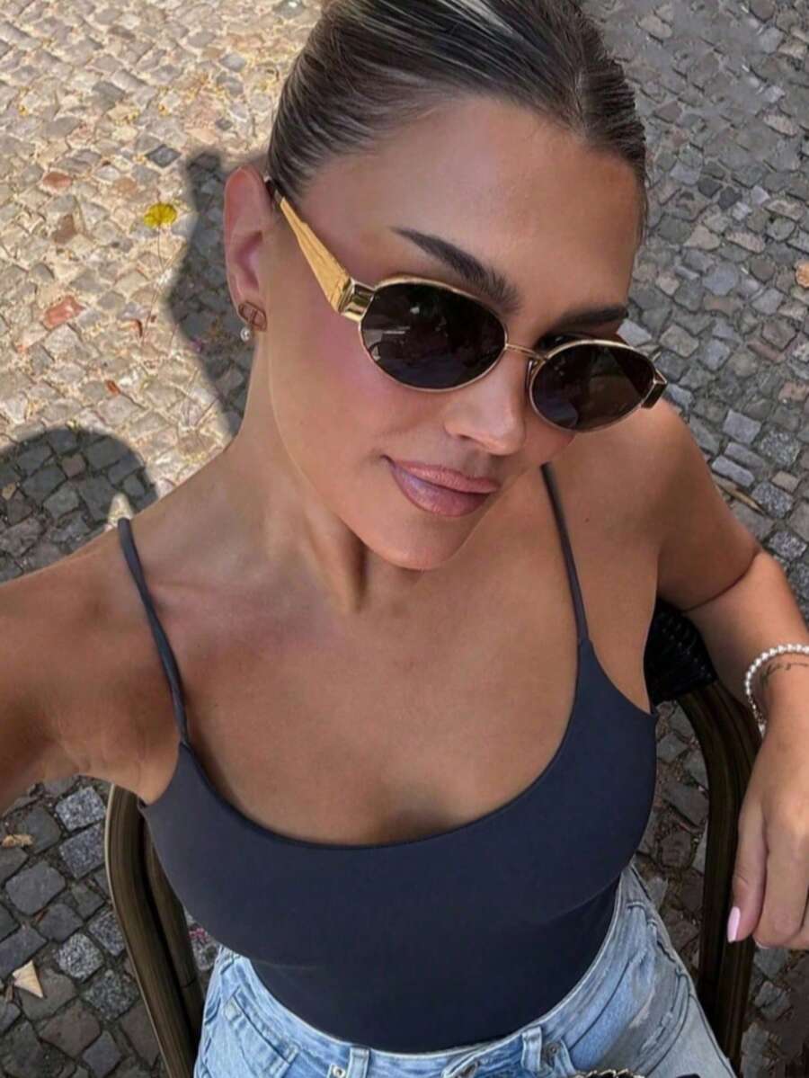 1 Pair Oval Shaped Fashion Women's Sunglasses, Retro Chic Metal Frame, Black Stylish Glasses, Travel & Beach Accessory, Autumn/Winter Basic, Business & Casual, Gift, College Style, Back To School - Grey - View 1