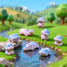 8 pezzi Mini ornamenti in resina a forma di ippopotamo, statuette di ippopotami in miniatura, piccole figure di animali in resina per fai da te, decorazione per giardino, piante in vaso, acquario (colore casuale) - Multicolore - Visualizzare 2