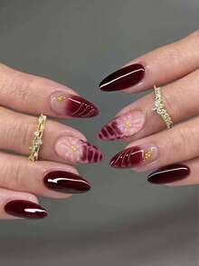 24pcs Almond-Shaped 3D Gel Nail Stickers, Floral Nail Art Design, French Tip Style, Medium-Sized Metallic Cross Decor, Faux Pearl Accent, Perfect For Acrylic Nail Tips, Includes: 1pc Jelly Gel & 1pc Nail File, Leopard Print & French Manicure, Suitable For Women's Daily, Holiday Party, Etc. Nails Nail Supplies - Burgundy - View 8