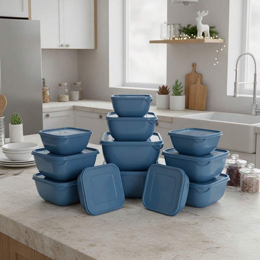 Set Of 12 Square Plastic Containers In Various Colors – Kitchen Organizer With Lids (5*500 Ml, 5*1 L, 2*1.8 L) - Teal Blue - View 1