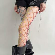 性感迷人复古彩虹渐变网眼连裤袜，女士半透明镂空网眼连裤袜，春夏秋季款，Y2K美学，适合派对、夜店、街头休闲穿着 - 彩色 - 查看 1