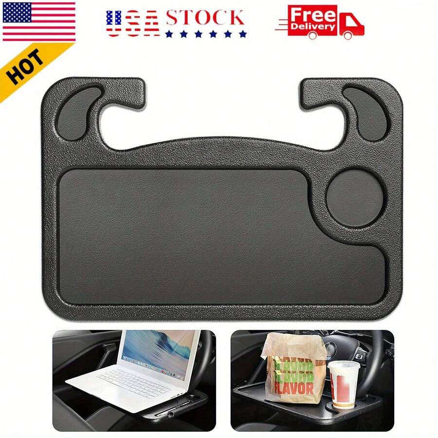 Adjustable Car Tray Table - Multi-Purpose Steering Wheel Mounted Desk For Eating, Working, Recording, Essential Travel Accessory With Drink Holder - A - View 1