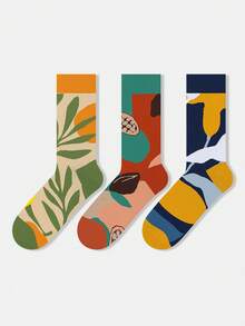 1/3 Pairs Unisex Leaf Print Geometric Nature Themed Artistic Design Combed Cotton Casual Crew Socks, Suitable For Travel, Home, Office, Holiday Gifts - Multicolor - View 16