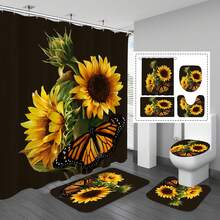 1/4 Pcs Sunflower & Butterfly Shower Curtain Set, Waterproof Shower Curtain With 12 Hooks, Non-Slip Bathroom Rug, U-Shaped Toilet Lid Cover, Toilet Seat Cover, Bathroom Decor, Bathroom Curtain Set - Multicolor - View 3