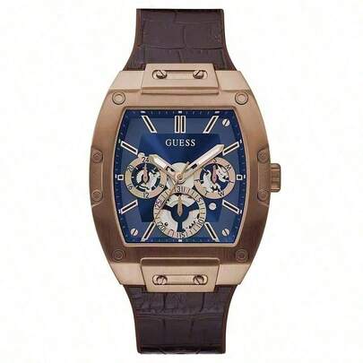  GUESS Men's 43mm Multi-Function Watch - Stainless Steel Brown Case, Blue Diamond Dial, Brown Crocodile Leather Strap, Suitable For Daily Business Wear, Great Birthday Gift For Father Or Boyfriend - GW0202G2