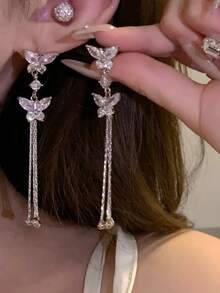 1 Pair Elegant Rhinestone Butterfly Long Chain Tassel Earrings, Fashion Versatile Dangle Earrings For Party & - Silver - View 3