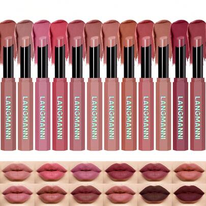 12 Colors Velvet Matte Lipstick, Nude Matte Soft Dark Color Lipstick, High Pigment Long Lasting Waterproof Lipstick, Makeup Gift For Women & Girls