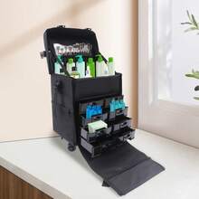 SENDERPICK 2 In 1 Beauty Case Portable Makeup Case Cosmetic Trolley Organizer Box W/ Wheels - Black - View 2