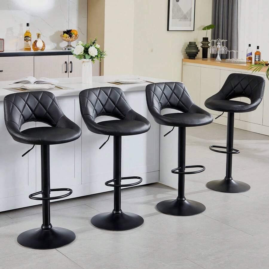 JIEMAX Set Of 2/4 Faux Leather Bar Stools - Quilted Diamond Pattern & Cutout Back | Adjustable Height With Footrest For Kitchen Island & Bar - 黑色 - 查看 1