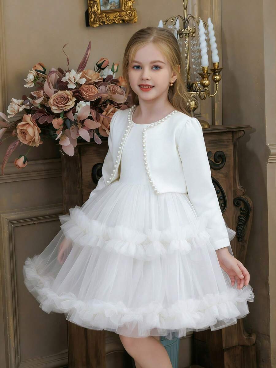 2件套女童串珠薄纱网纱派对礼服,优雅公主裙,花童礼服,适合特殊场合、正式活动、化装舞会、生日派对等。 - 白色 - 查看 1