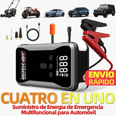 HUASHIJIE Arrancador de emergencia portátil para coches de gran capacidad 12V 8000A con compresor de aire, linterna de emergencia multifuncional de 28100mAh, power bank y bomba de aire de emergencia. Adecuado para todos los vehículos de gasolina y todo tipo de motores. Equipado con conectores eléctricos, pantalla digital, inflador de neumáticos digital y carga rápida USB y Type-C.
