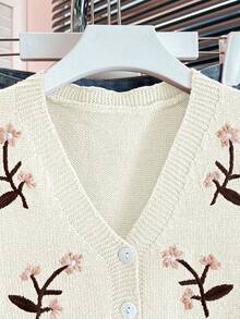 V-Neck Contrast Color Floral Embroidery Single-Breasted Casual Knit Vest, Spring/Summer White - White - View 3
