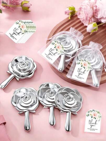 Brodark 6 zestawów luster w kształcie róży w kolorze srebrnym, biały woreczek ze ściągaczem i kartka z podziękowaniami, akcesoria ślubne, odpowiednie dla druhen i pań/panów na przedślubne przyjęcie i wieczorne przyjęcie w spa, przyjęcie urodzinowe, prezent na rozpoczęcie roku szkolnego, codzienne spotkanie, prezent noworoczny, prezent dla dziewczyny, na Walentynki, kreatywny prezent na Dzień Matki