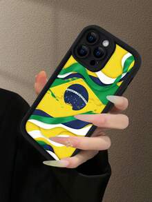 Fashionable, Personalized Brazil Flag Wave Pattern, Combining National Flag Elements And Text Graphics Design Theme, Luxury Shock-Proof, Aesthetically And Cute, Soft Touch, Extreme Grip, Waterproof , Anti-Fouling, With Camera Protection Frame, Compatible With IPhone - Black - View 5