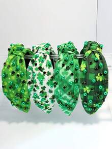 عصابة شعر مرصعة بالراين ستون على طراز أوروبي - أمريكي، عصابة شعر واسعة الحافة بطباعة نباتية وعقدة البرسيم على الطراز الرجعي، اكسسوار شعر للمهرجانات عصابة الرأس - متعدد الألوان - مشاهدة 3