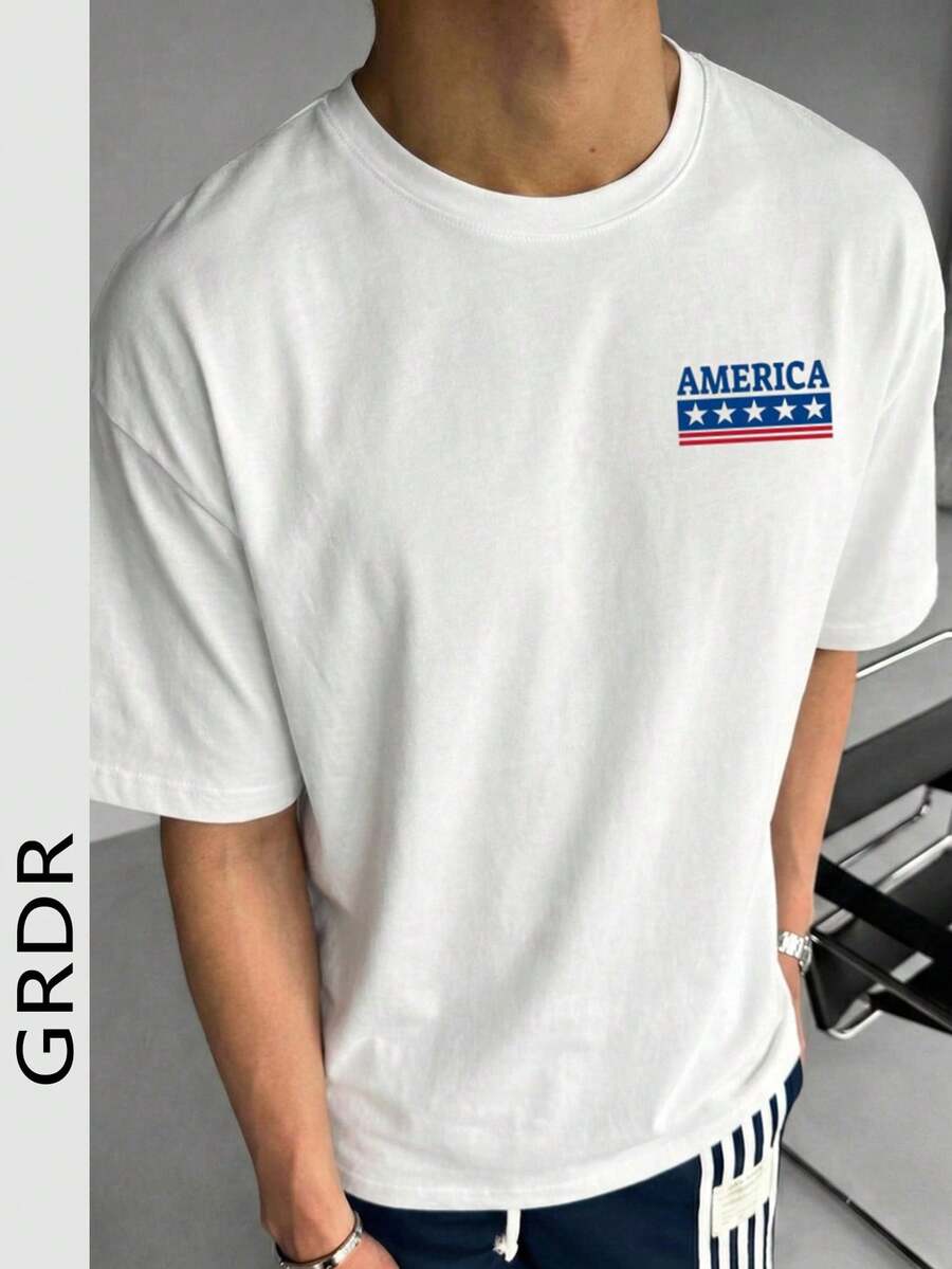 GRDR Men's Casual Summer Round Neck Short Sleeve T-Shirt With Minimalist American Culture Element Print - White - View 1