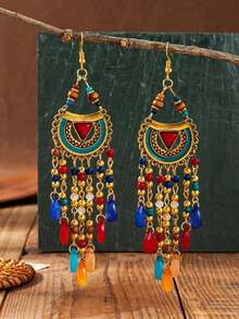 A Pair Of Vintage Bohemian-Style Geometric Tassel Rice Bead Drop Earrings For Women, Suitable For Festival Revelry - Colorful - View 5